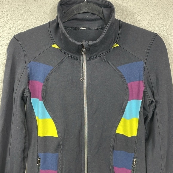 Lululemon Nice Asana Jacket Black Pow Stripe Split Pea Full Zip Thumb Holes - Picture 4 of 14